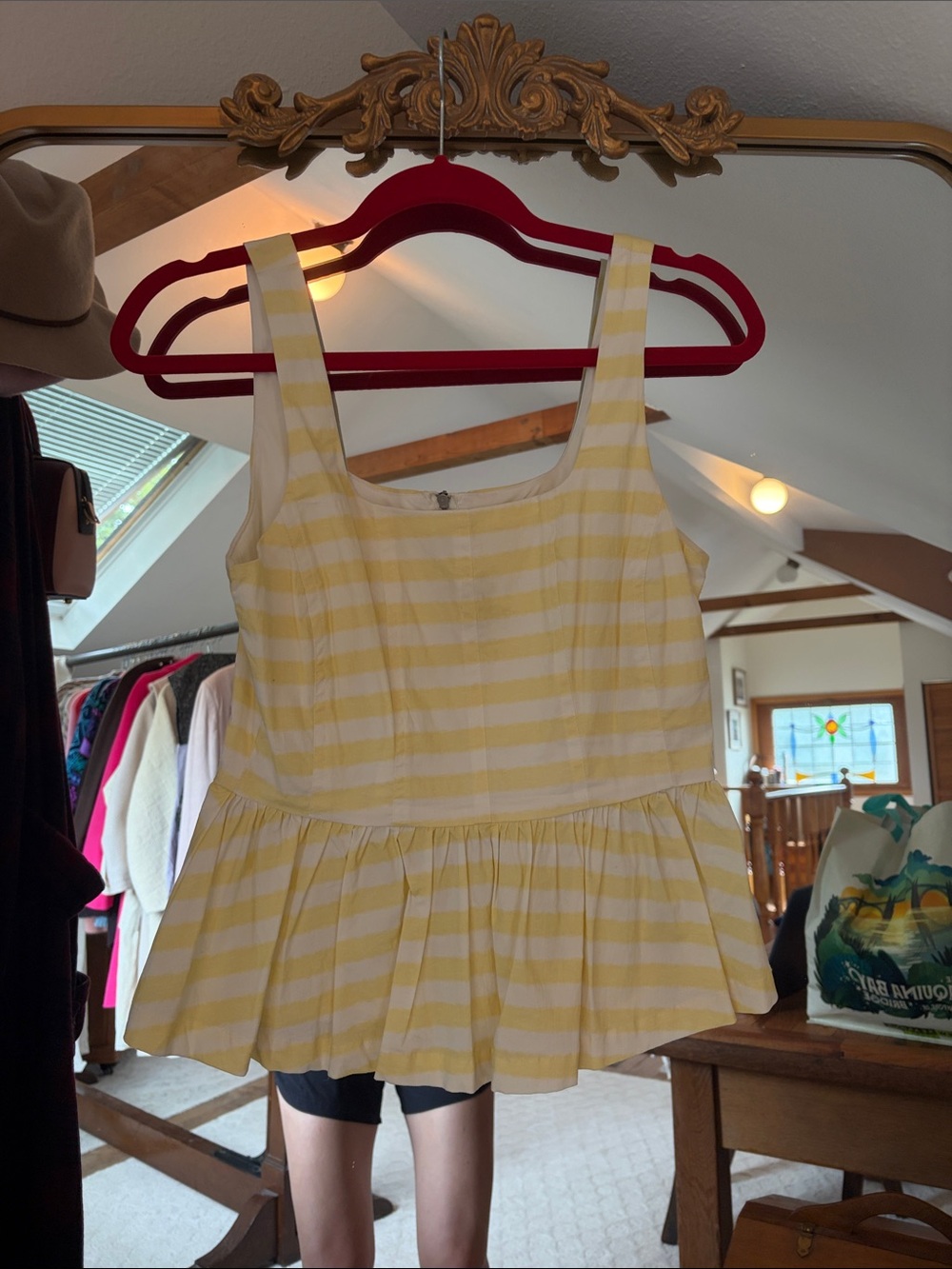 Avec Les Filles Yellow and White Striped Peplum Tank Top